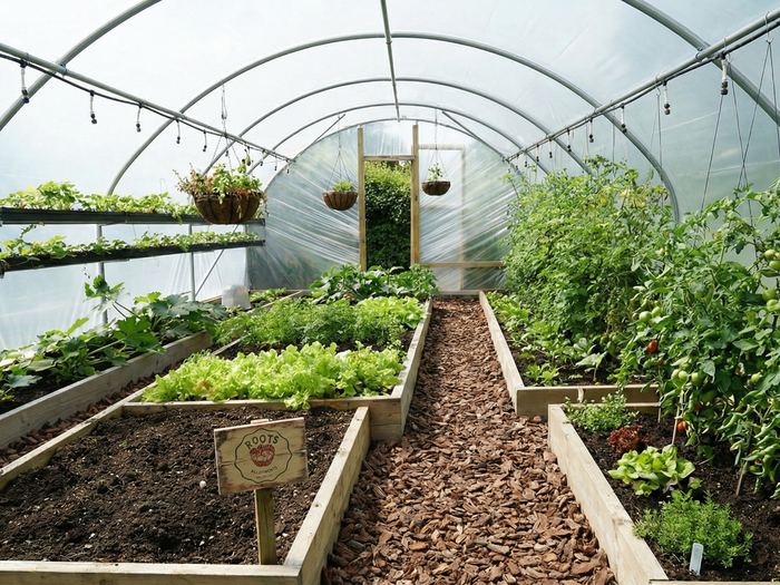 The inside of a polytunnel with planted beds either side of a woodchip path